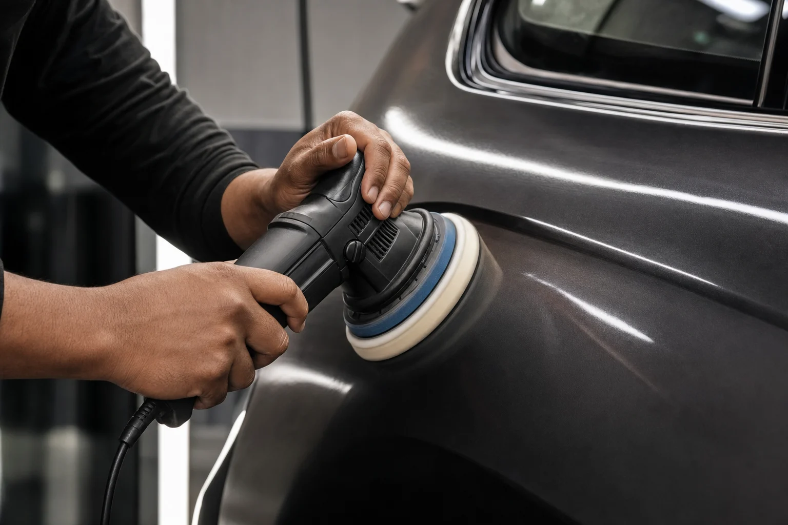 Automotive detailer inspecting a carefully polished vehicle surface