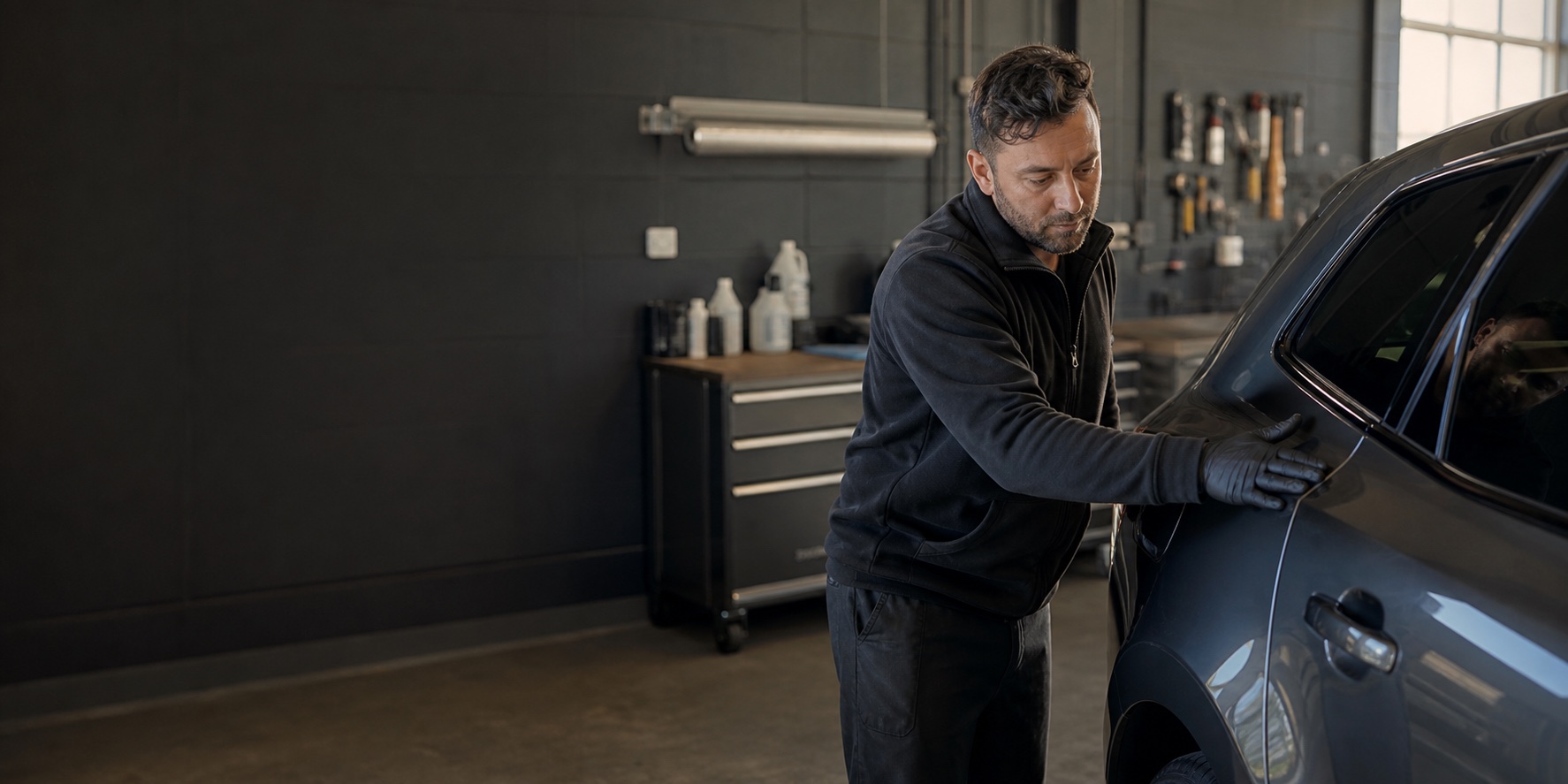 Skilled automotive appearance technician working carefully on a vehicle finish